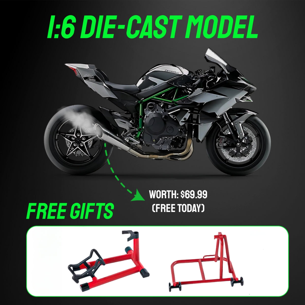 1:6 Scale Kawasaki Ninja H2R Model - Simulated Ignition, Spray, and Sound Effects