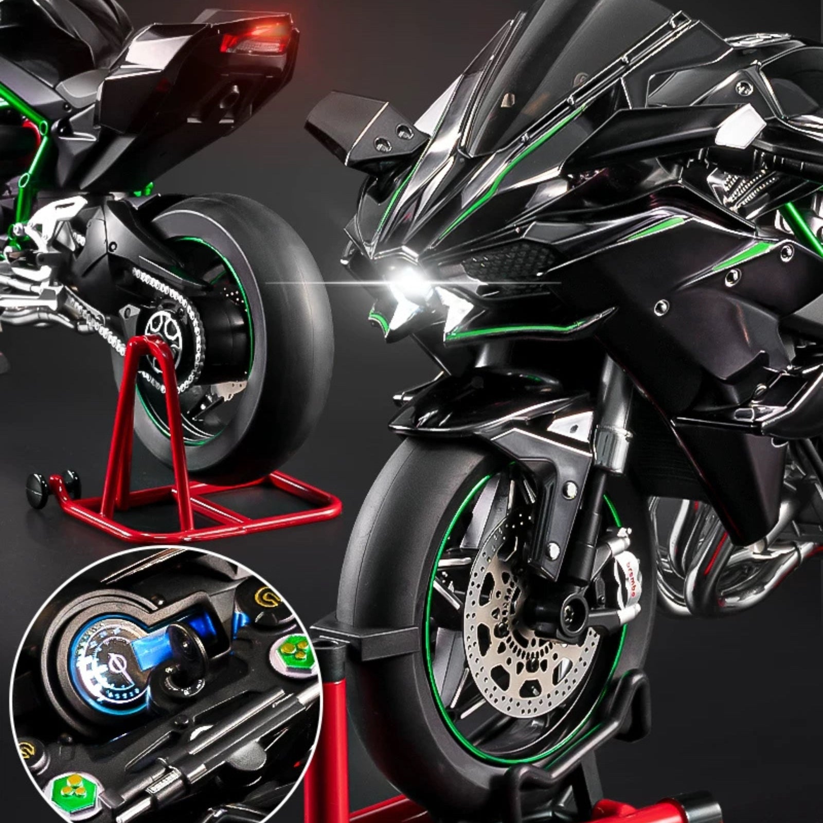 Kawasaki Ninja H2R 1:6 Scale Model - Showcasing illuminated headlights and taillights, with a close-up of the dashboard key ignition system. Comes with a custom red stand for stable display and enhanced realism.