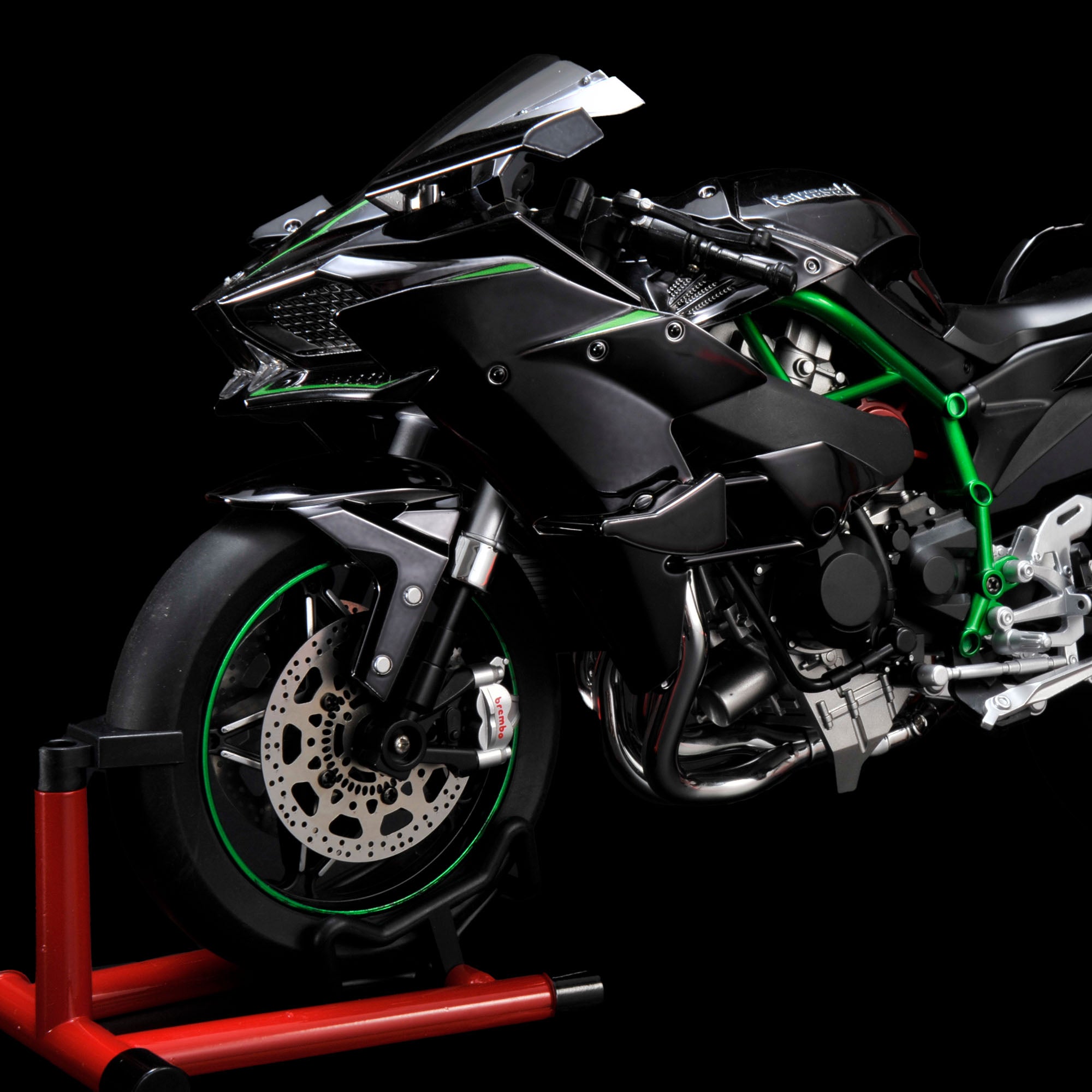 Luma-Kawasaki Ninja H2R model with illuminated headlights, rear lights, and a glowing dashboard for realistic detailing.