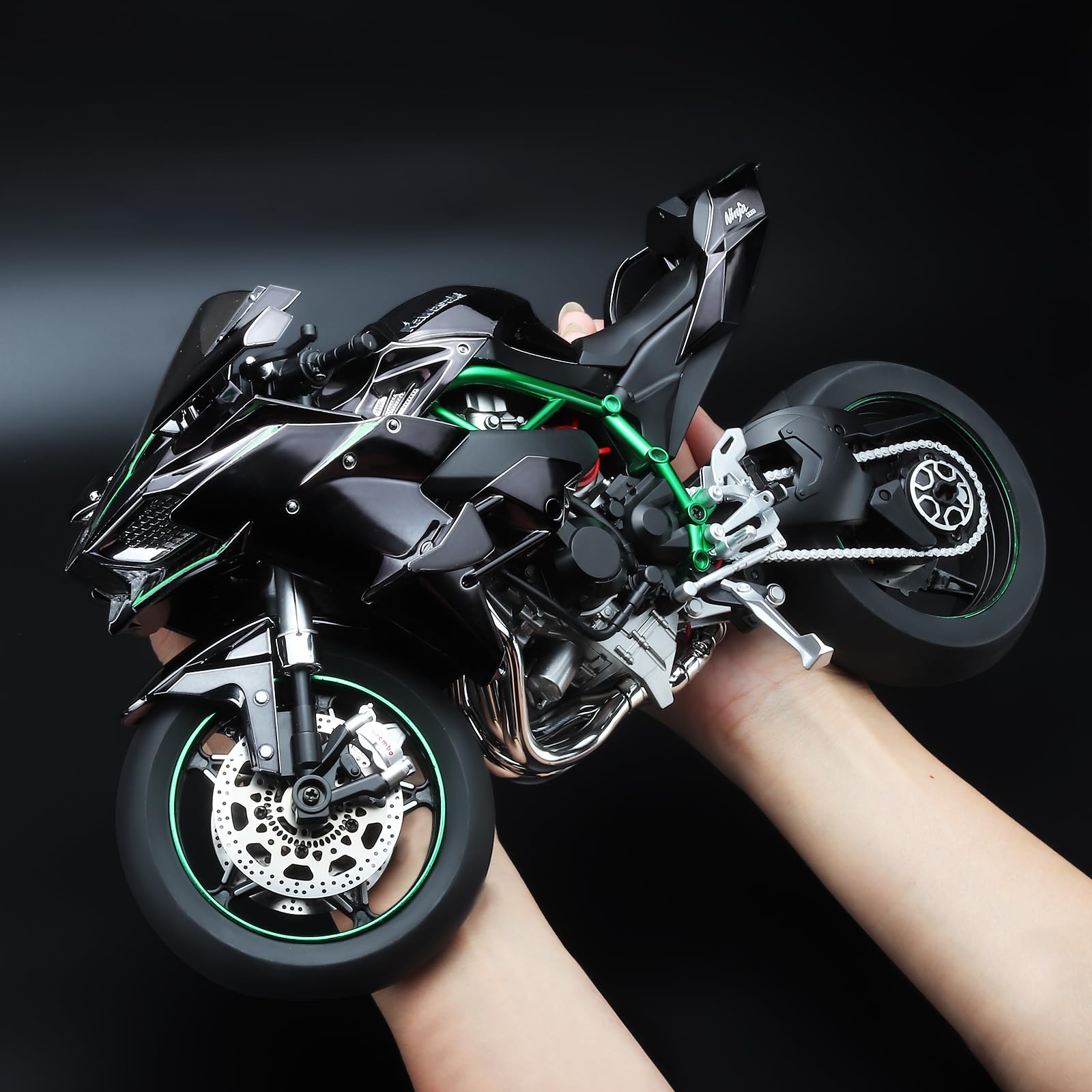 luma-Kawasaki Ninja H2R model with illuminated headlights, rear lights, and a glowing dashboard for realistic detailing.