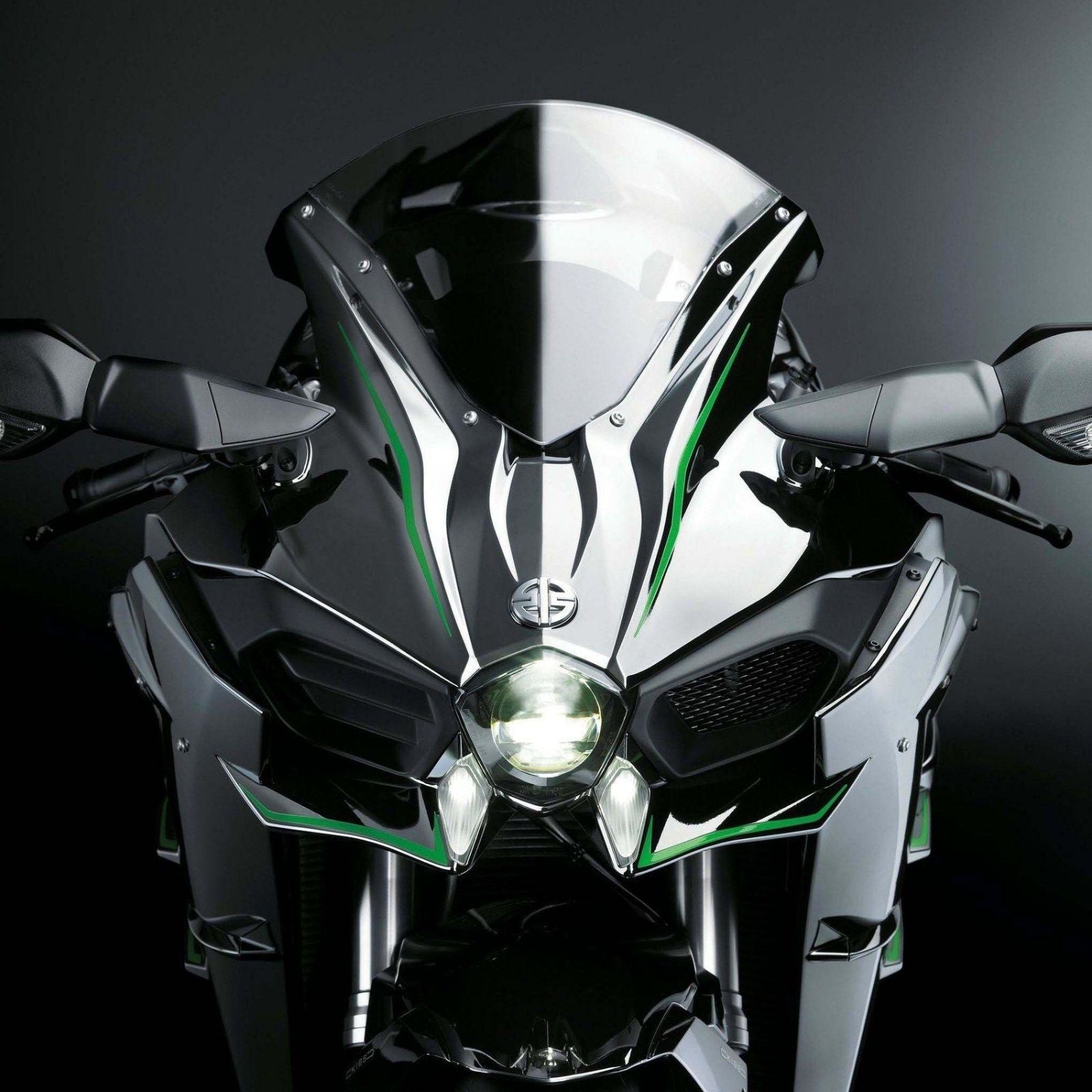 luma-Kawasaki Ninja H2R model with illuminated headlights, rear lights, and a glowing dashboard for realistic detailing.