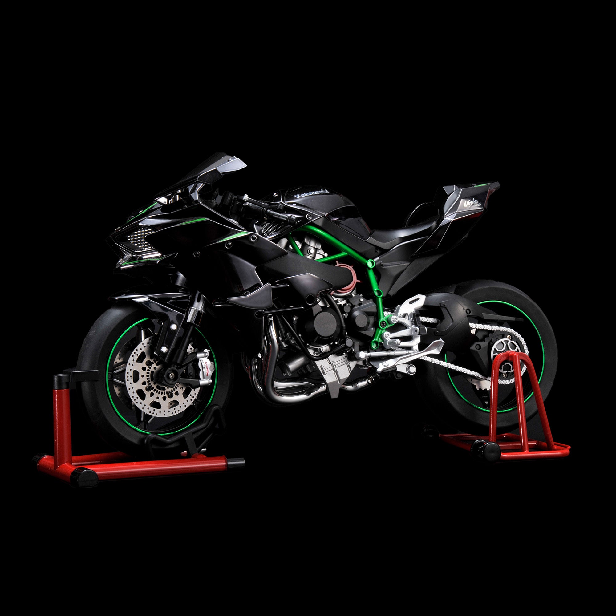 Luma-Kawasaki Ninja H2R model with illuminated headlights, rear lights, and a glowing dashboard for realistic detailing.