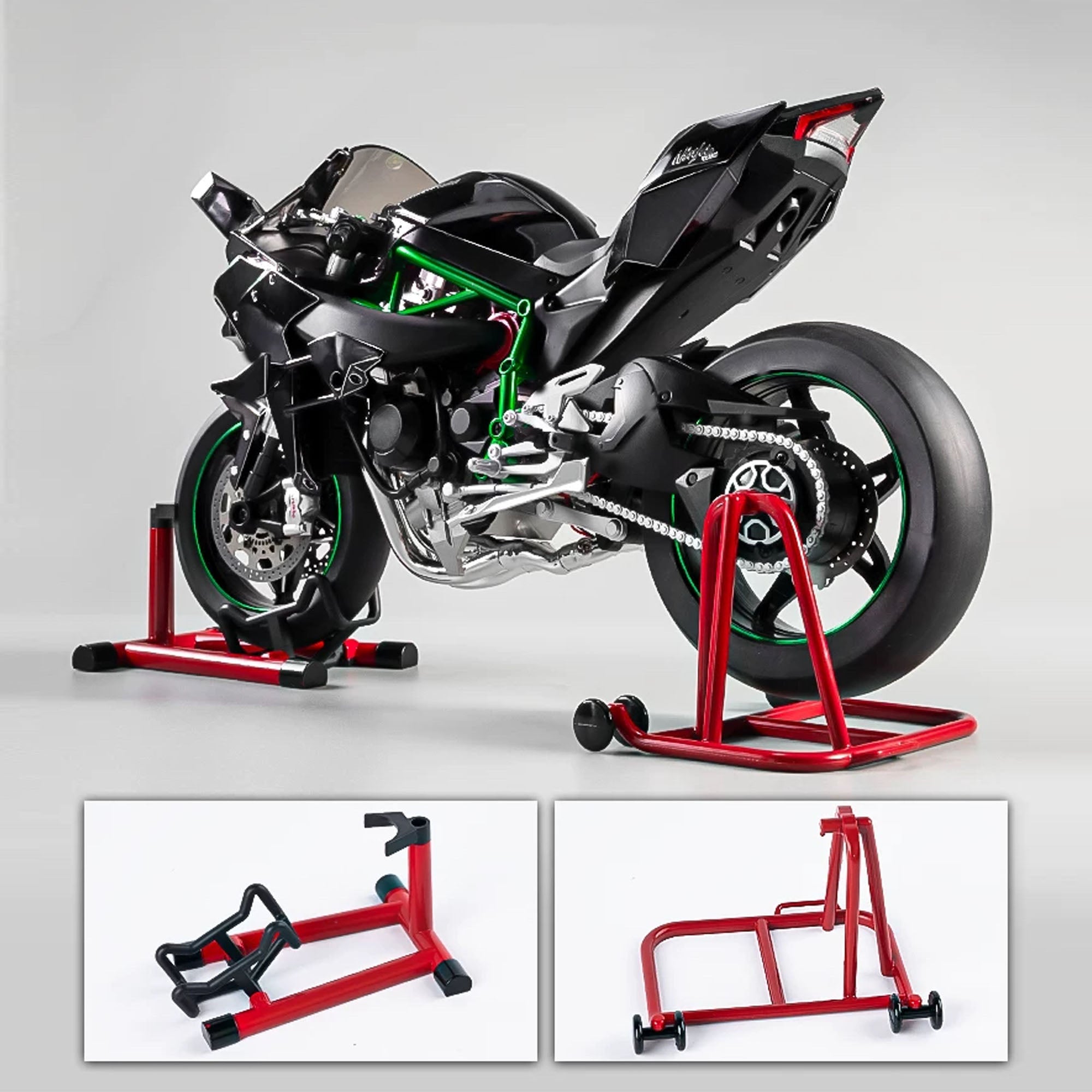 Kawasaki Ninja H2R 1:6 Scale Model with Custom Stand - Features a specialized red metal stand to securely display the motorcycle in a stable position.-Luma